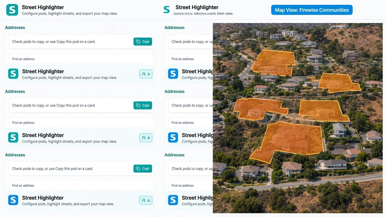 Street Highlighter map showing Firewise community parcels