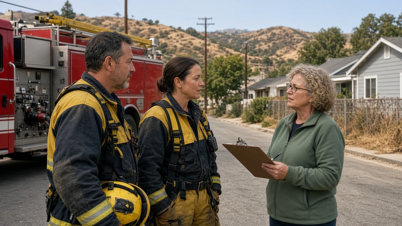 First responders talking with a neighborhood volunteer beside a fire engine