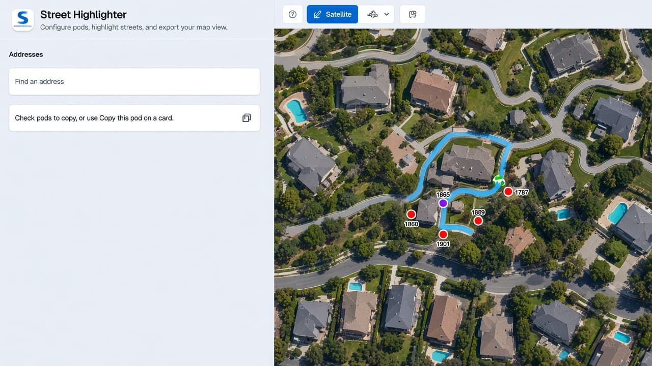 Street Highlighter satellite basemap with address pins on homes