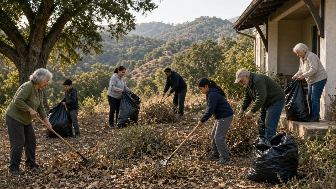 Neighbors clearing vegetation and debris from the first five feet around a home during a community work party