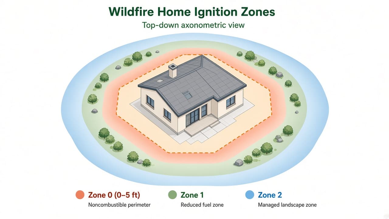 Diagram of wildfire home ignition zones with Zone 0, the noncombustible first five feet, emphasized around a house